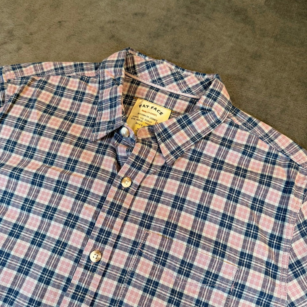 Fat Face Plaid Button Up Shirt Mens Large Pink Blue Short Sleeve‎ Regular Fit